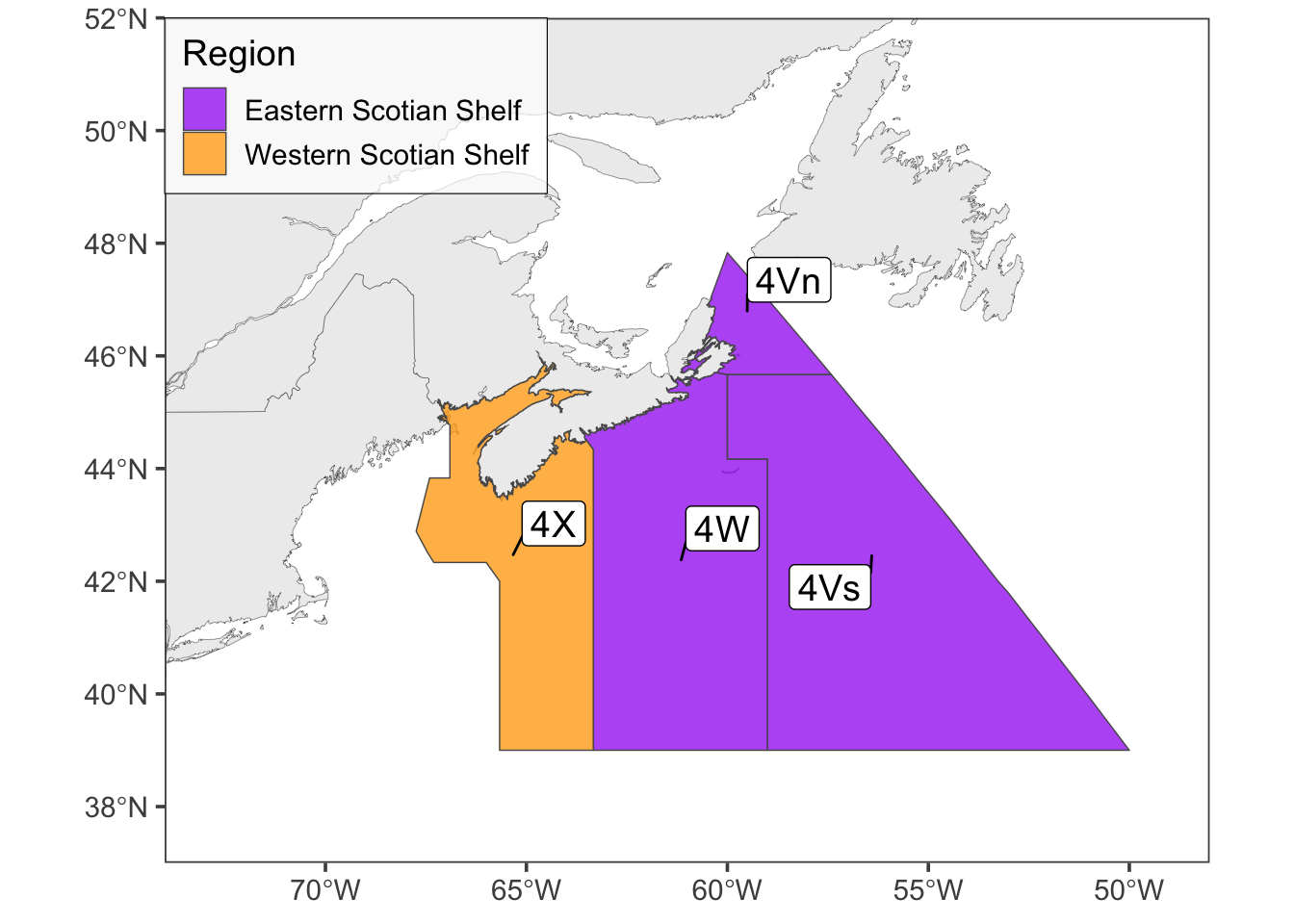 Map of NAFO divisions within Scotian Shelf regions portrayed in this document.